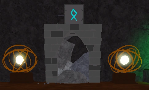 The first blocked cave in Victory Road, with two bright orbs next to it.