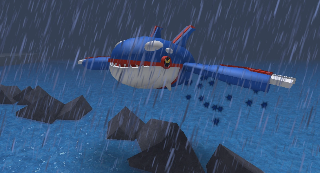 Kyogre leaping across the barrier of boulders.
