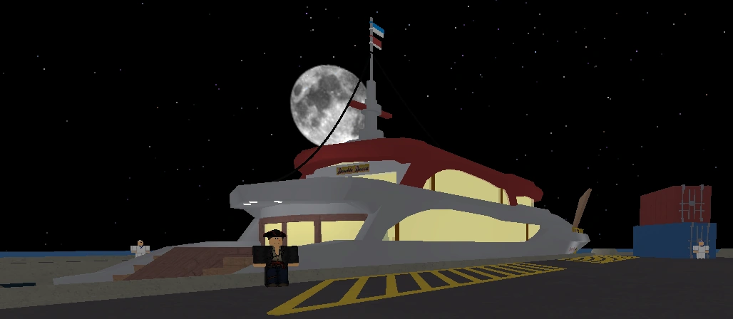 Double Decca docked at the pier. The one in black clothes is Salty Sam.