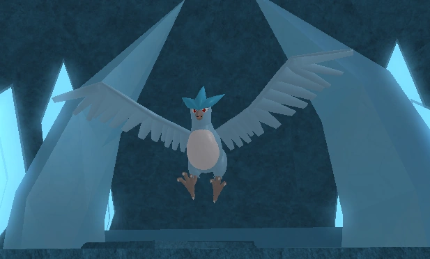 Articuno waiting on a platform surrounded by ice crystals...