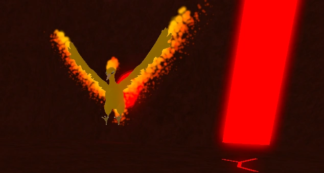 Moltres on the highest platform near a "lava-fall" in Obsidia Cavern.