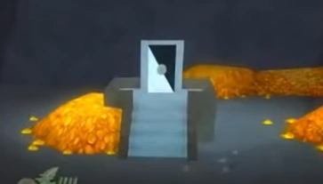 The black and white pedestal surrounded by gold piles.