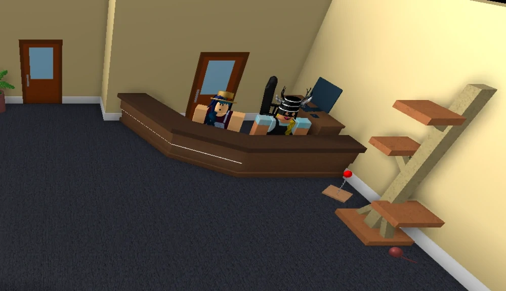 Behind the counter, Aife (left) gives the player one of the 3 cat Pokémon, while Pullyourtangles (right) offers to groom the player's Furfrou.