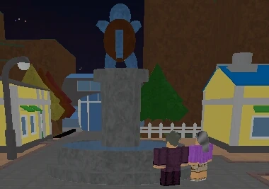 The Squirtle Fountain with the old man and old lady.