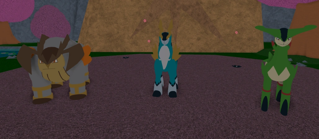 Terrakion, Virizion and Cobalion all standing in front of the rock.