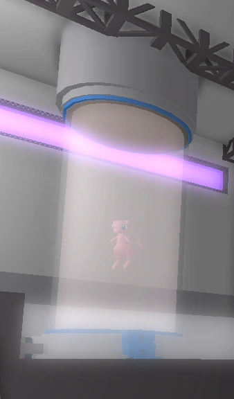 Mew, imprisoned in a huge translucent tube.