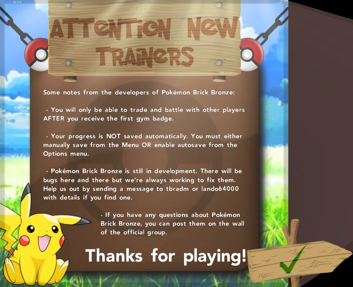 Pikachu reminds you that PVP and trading are only available after you get your first badge
